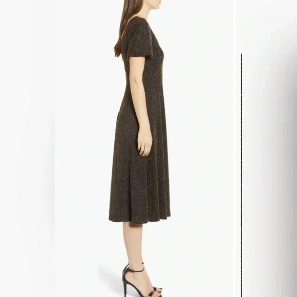 NWOT LEITH gold pin stripe fit & flare flutter sleeve v neck tie belt dress XS-M - Picture 4 of 15